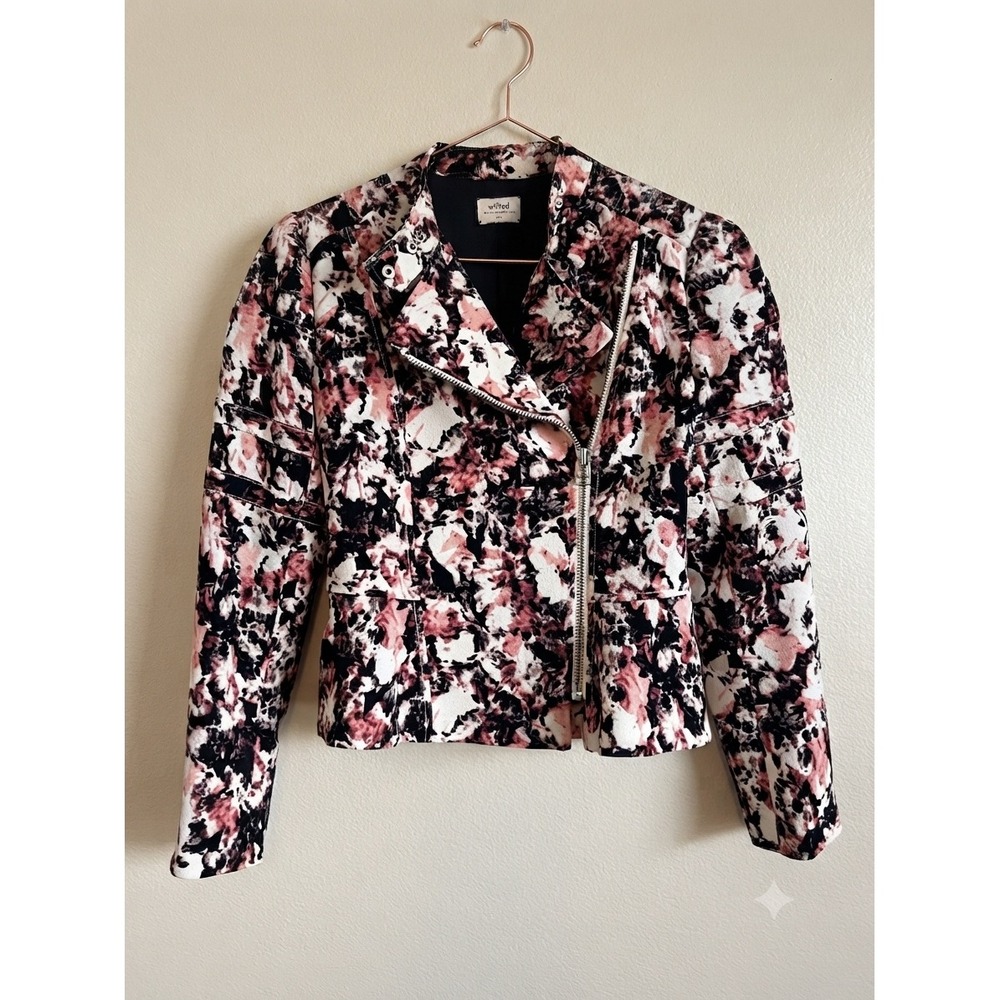 Wilfred Moto Jacket Women 6 Pink Floral Abstract Zip Peplum Aritzia Blazer